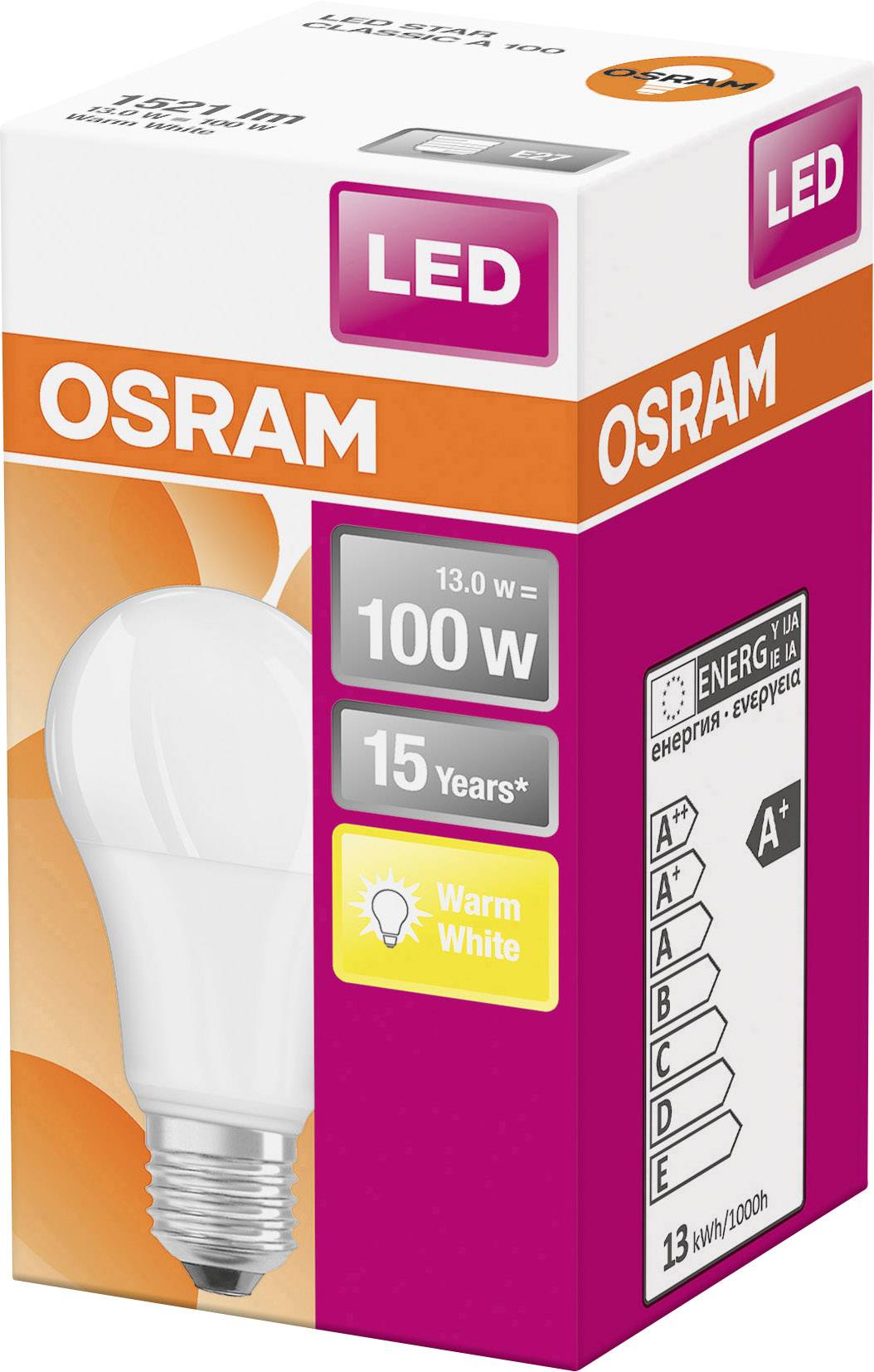 LED-Glühbirne von Osram, 13 Watt, entspricht 100 Watt, warmweiß, Energieklasse A+, Lebensdauer 15 Jahre, 13 kWh/1000h.