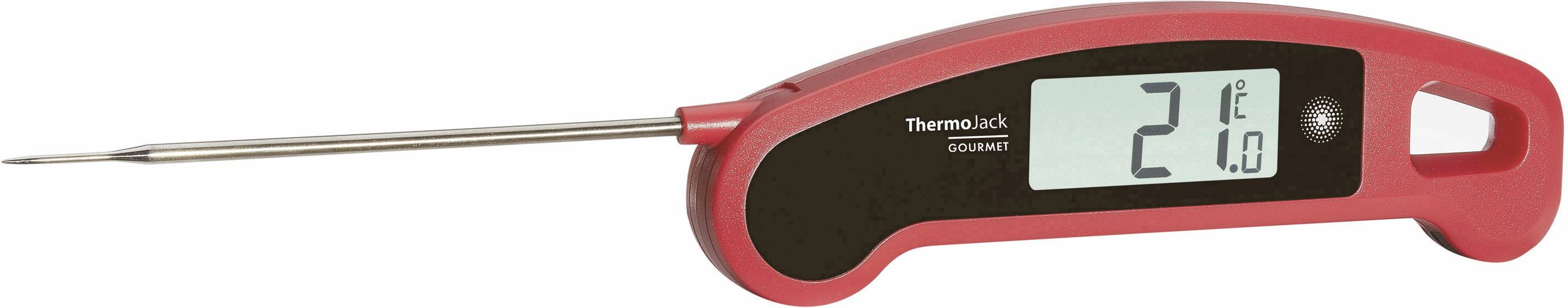 Rotes digitales Küchenthermometer mit Metallsonde zeigt eine Temperatur von 21 Grad Celsius auf einem LCD-Display an.