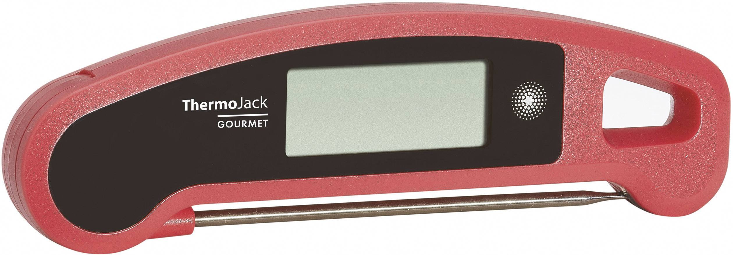 Rotes digitales Küchenthermometer mit Markennamen 'ThermoJack Gourmet' auf schwarzem Display. Zeigt keine Temperatur an.