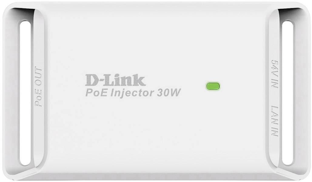 Ein weißer D-Link PoE-Injector mit grünem Licht, Modell 30W. Links 'PoE OUT', rechts '54V IN LAN IN' markiert.