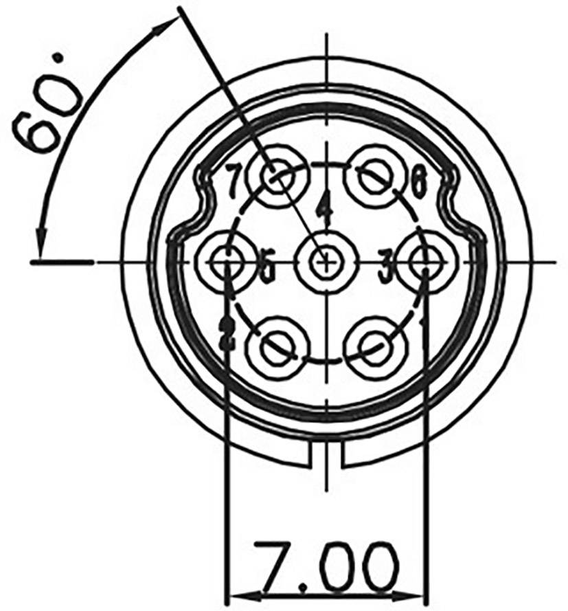 Technische Zeichnung eines Steckverbinders mit acht nummerierten Pins in kreisförmiger Anordnung, Durchmesserangabe von 7,00 mm.