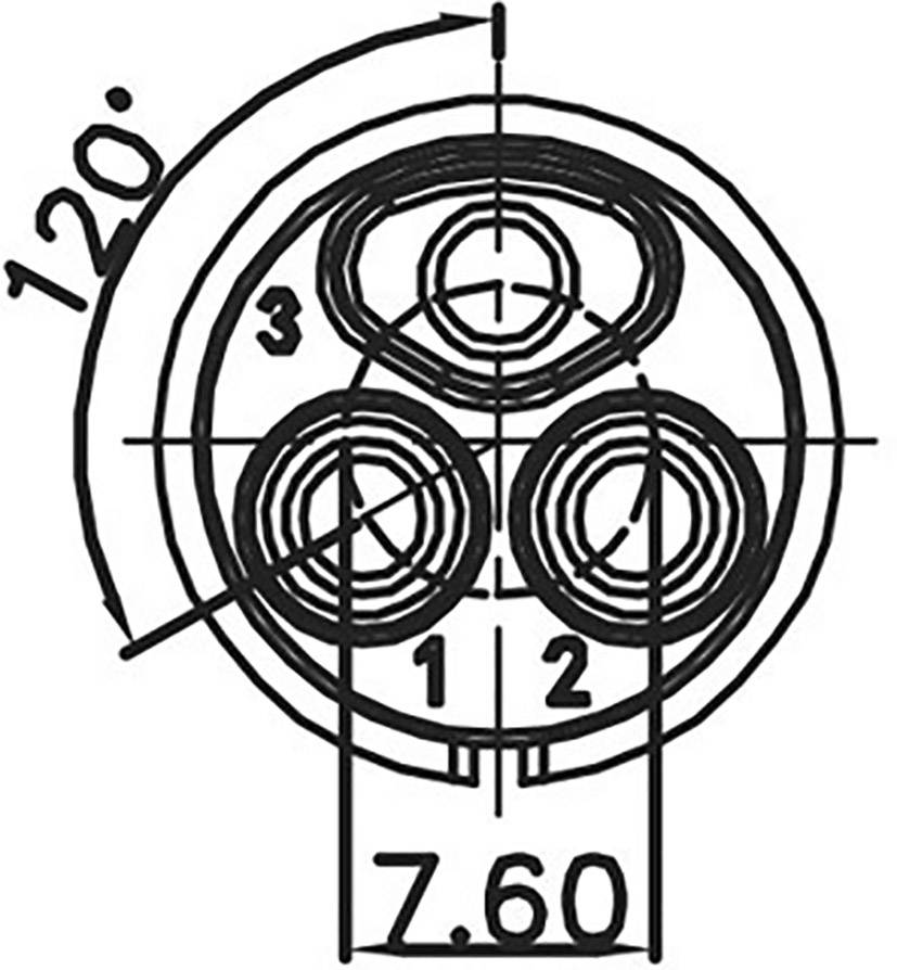 Technische Zeichnung eines dreipoligen Steckers mit einer Beschriftung '120°' oben und '7,60' unten.