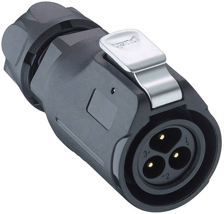 Elektrostecker mit drei Pins und Schutzklappe, schwarz, für Ladegeräte oder Kabelverbindungen in technischen Geräten oder Fahrzeugen.