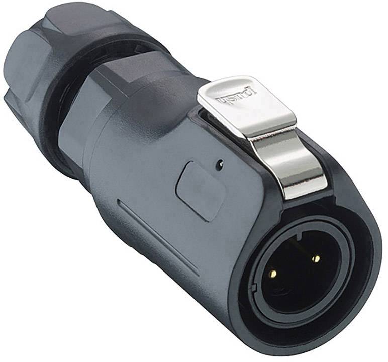 Schwarzer elektrischer Stecker mit Metallverschluss, seitlich mit sichtbaren Pins. Geeignet für professionelle Audio- oder Videoverbindungen.