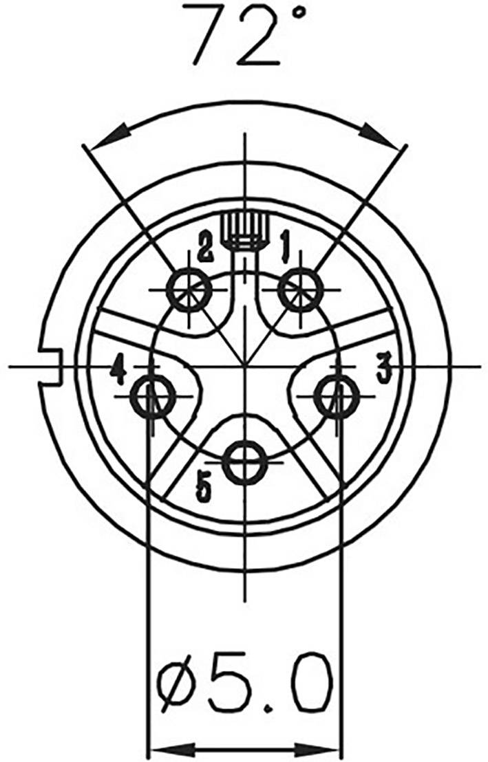 Technische Zeichnung eines Anschlusssteckers mit fünf nummerierten Kontakten und einem Winkel von 72°. Durchmesser beträgt 5,0 mm.