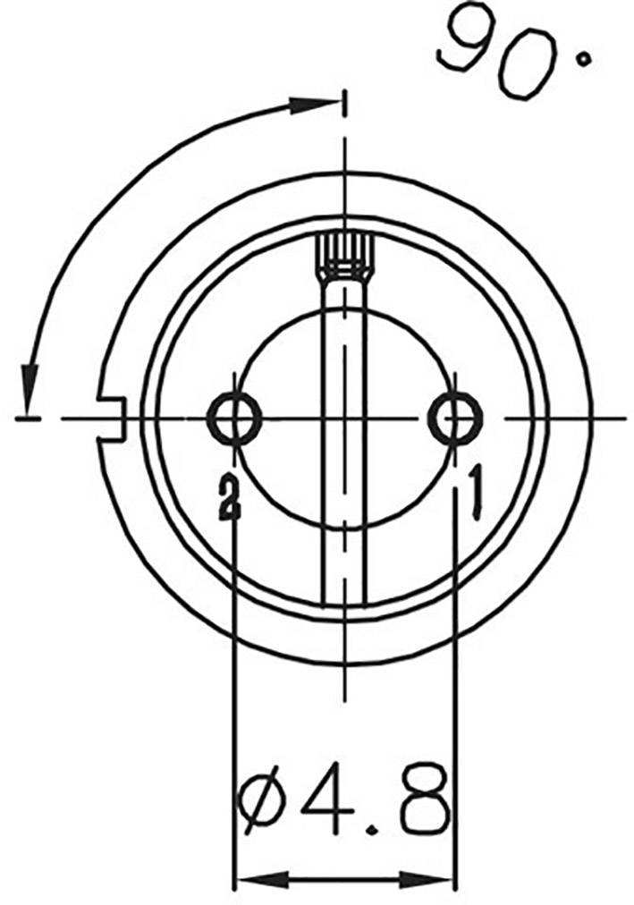Technische Zeichnung eines runden Bauteils mit Bohrungen, Durchmesser 4,8 mm, markiert mit Zahlen 1 und 2 sowie Winkel von 90 Grad.