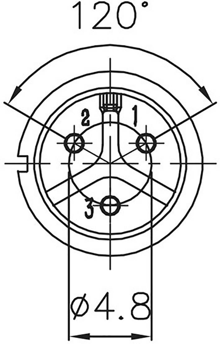 Technische Zeichnung eines Kreises mit einem Dreieck und drei Bohrungen. Der Winkel beträgt 120 Grad, der Durchmesser 4,8 mm.