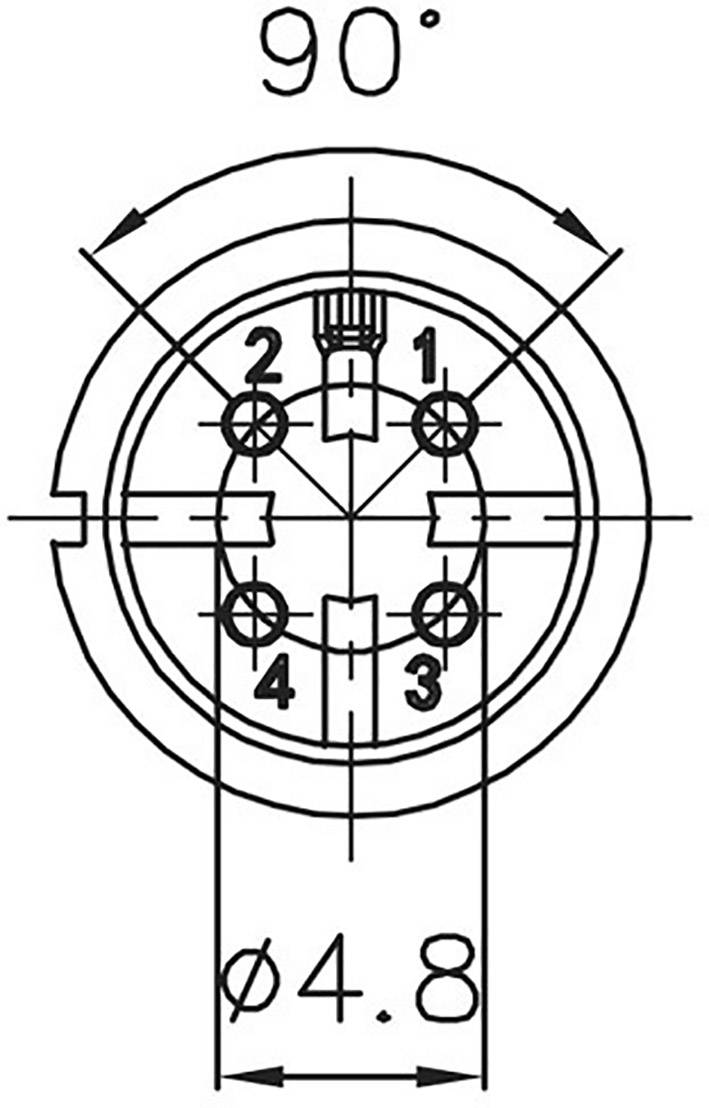Skizze eines Steckverbinders mit fünf nummerierten Pins. Beschriftet mit '90°' oben und 'Ø4,8' unten. Zeigt Pin-Positionen.