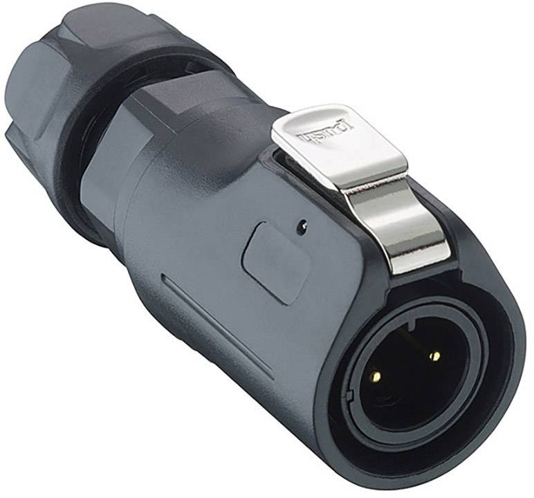 Schwarzer, zylindrischer Stecker mit glänzendem Metallclip; oft für Audioverbindungen genutzt.