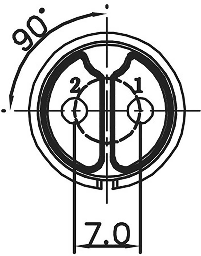 Technische Zeichnung einer Scheibe mit zwei zentralen Kreisen, markiert mit '1' und '2'. Der Winkel beträgt 90 Grad, der Durchmesser 7,0.