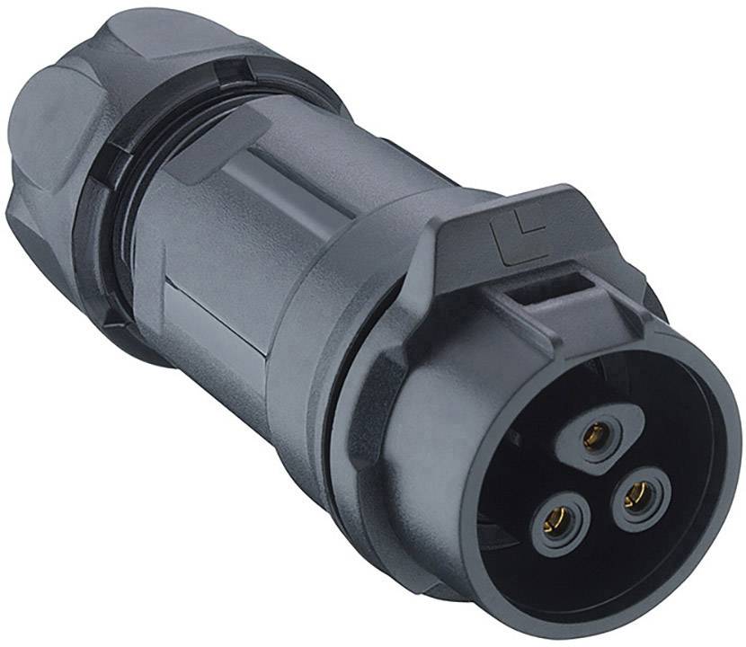 Schwarzer elektrischer Stecker mit drei Kontaktstiften, geeignet für schwere industrielle Anwendungen. Robust und wasserfestes Design.