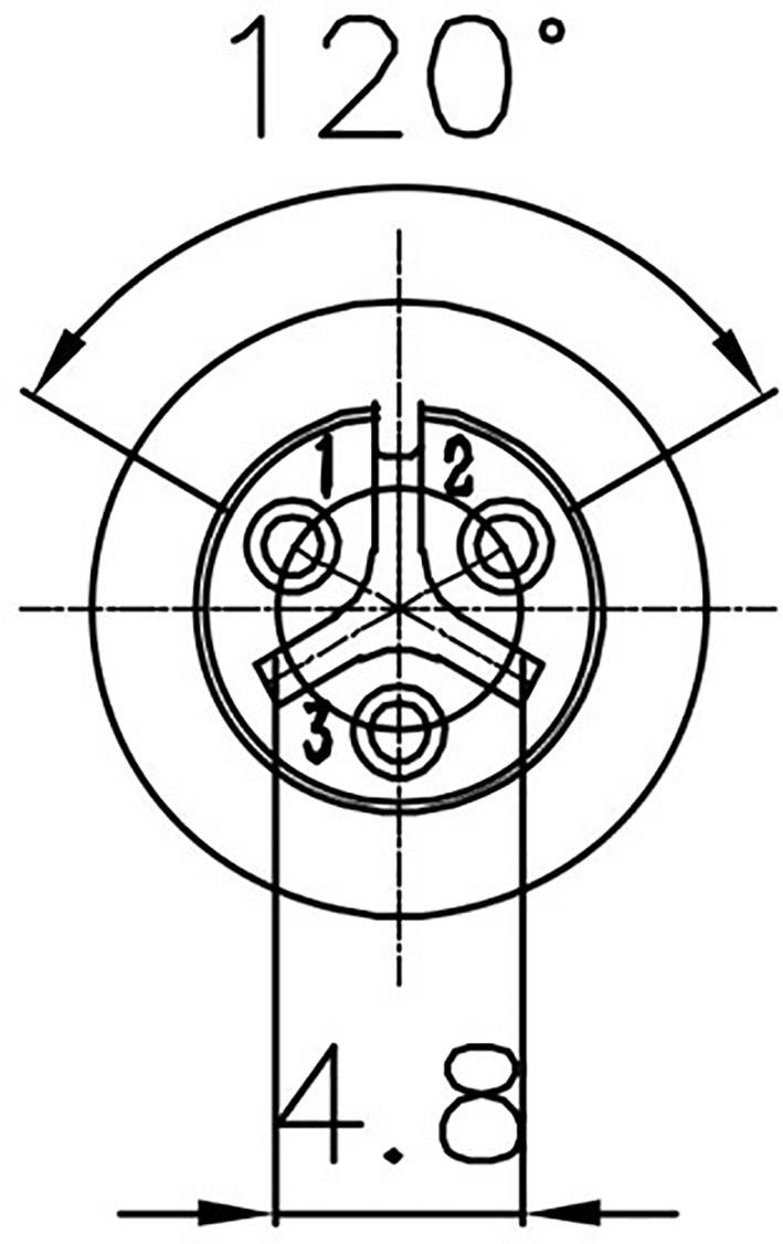 Technische Zeichnung zeigt eine Anordnung von drei Stiftlöchern in einem Kreis mit einem Winkel von 120 Grad und einem Durchmesser von 4,8 mm.