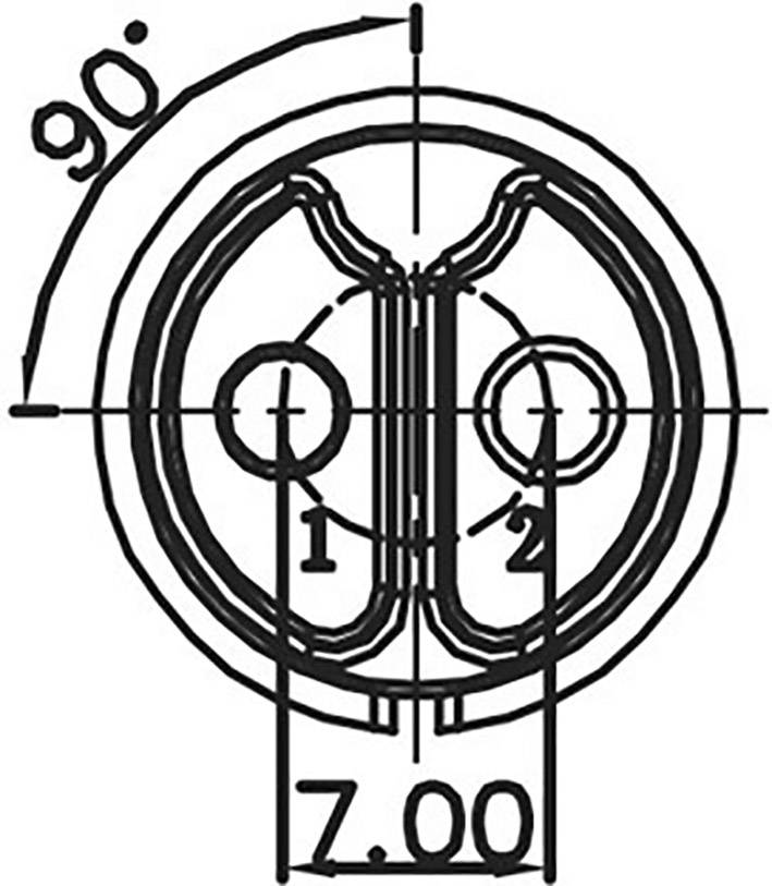 Technische Zeichnung eines runden Steckeranschlusses, zwei Flächen mit Markierungen '1' und '2', Durchmesserangabe: 7,00 mm, 90 Grad-Winkel.