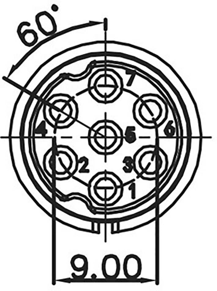 Ein runder, technischer Steckerplan zeigt sieben nummerierte Pin-Positionen in einem Kreis. Winkel von 60 Grad zwischen Pins.