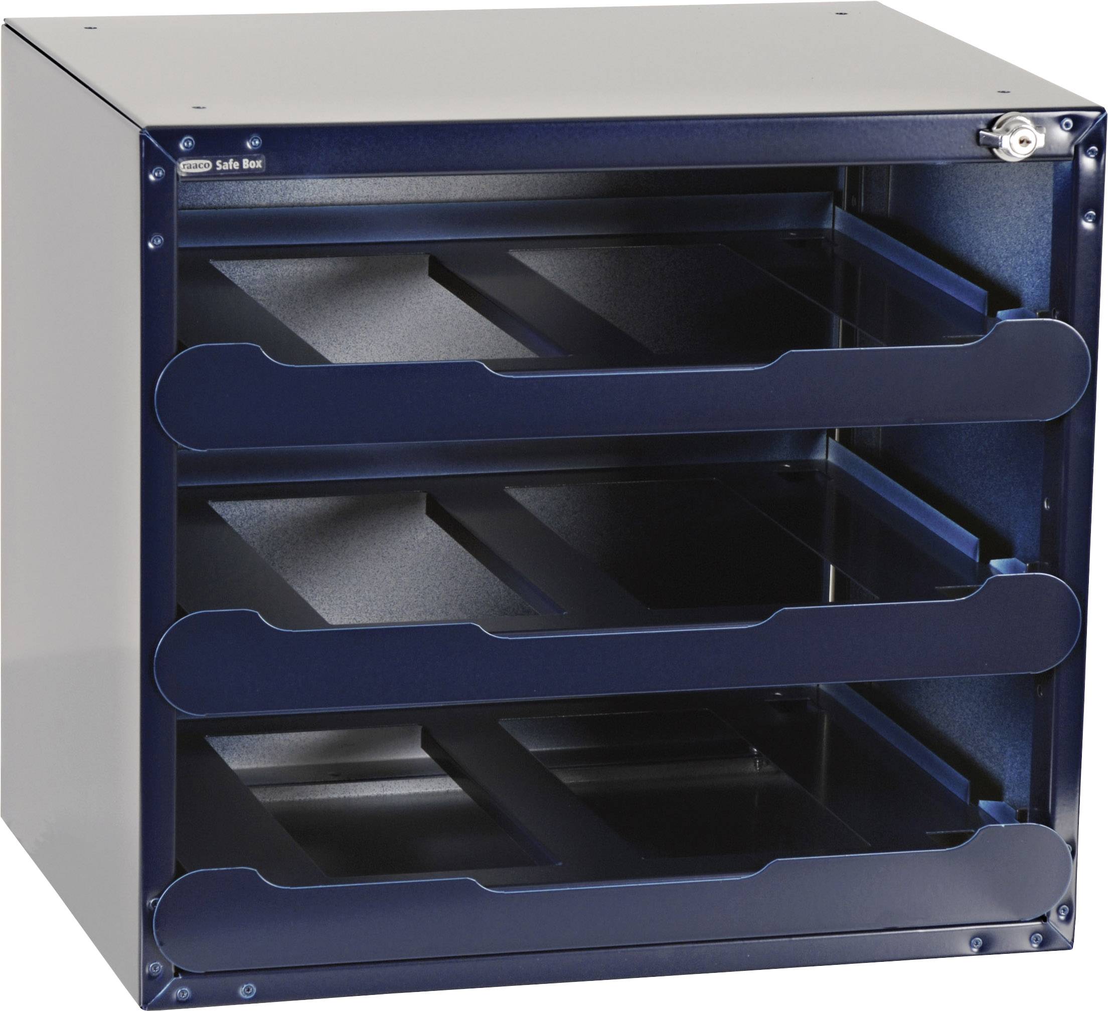 Metallschrank mit drei ausziehbaren Schubladen. Oben rechts befindet sich ein kleines Schloss für zusätzliche Sicherheit.