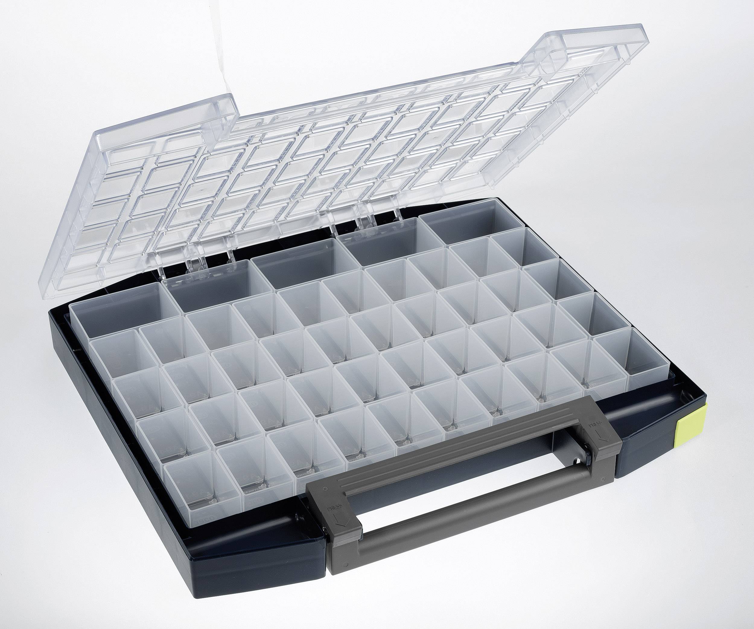 Offene Aufbewahrungsbox mit 36 leeren Fächern und transparentem Deckel. Geeignet zur Organisierung von Kleinteilen wie Schrauben.