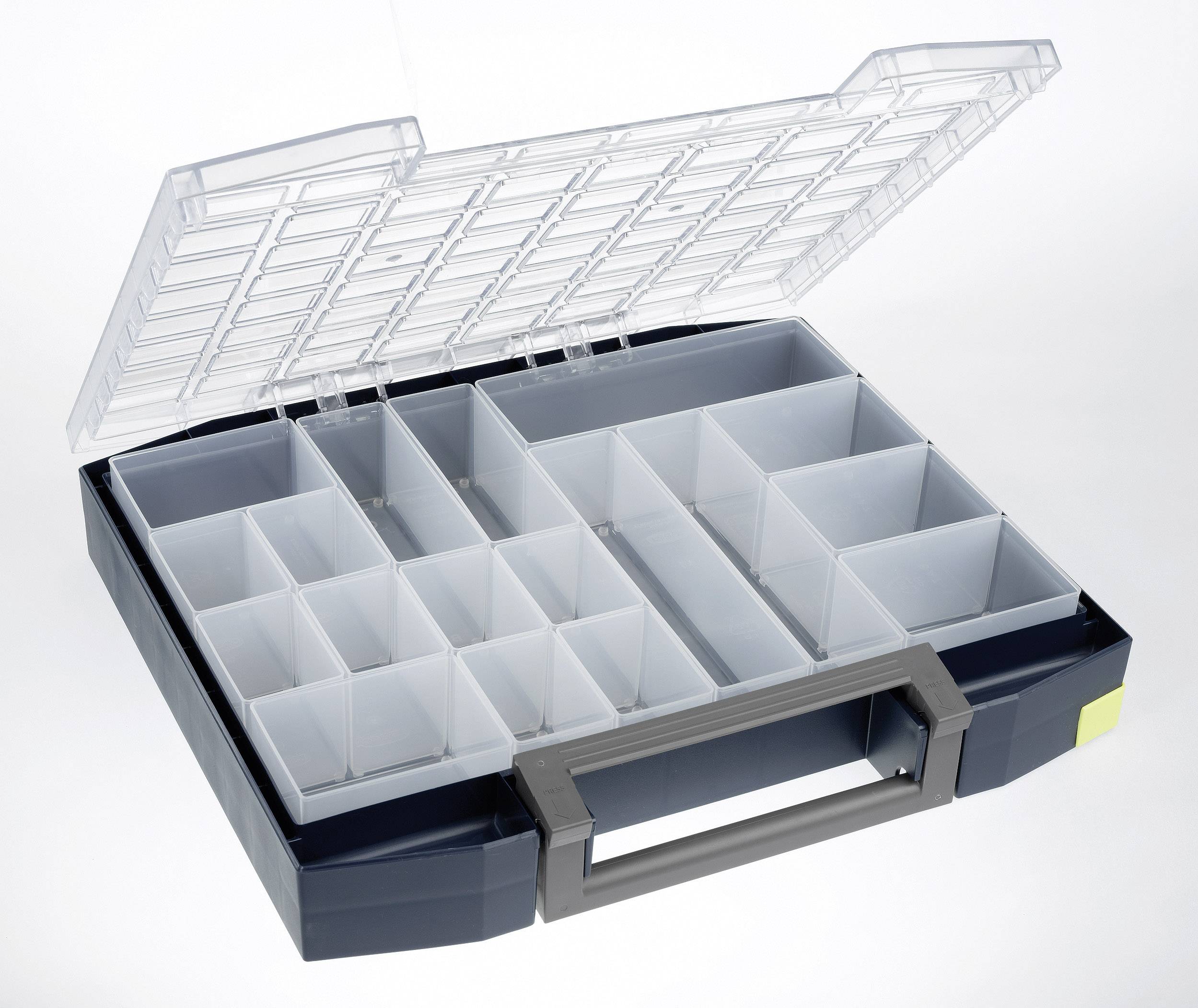 Offene Sortierbox mit transparentem Deckel und mehreren unterschiedlich großen Fächern zur Aufbewahrung kleiner Gegenstände.