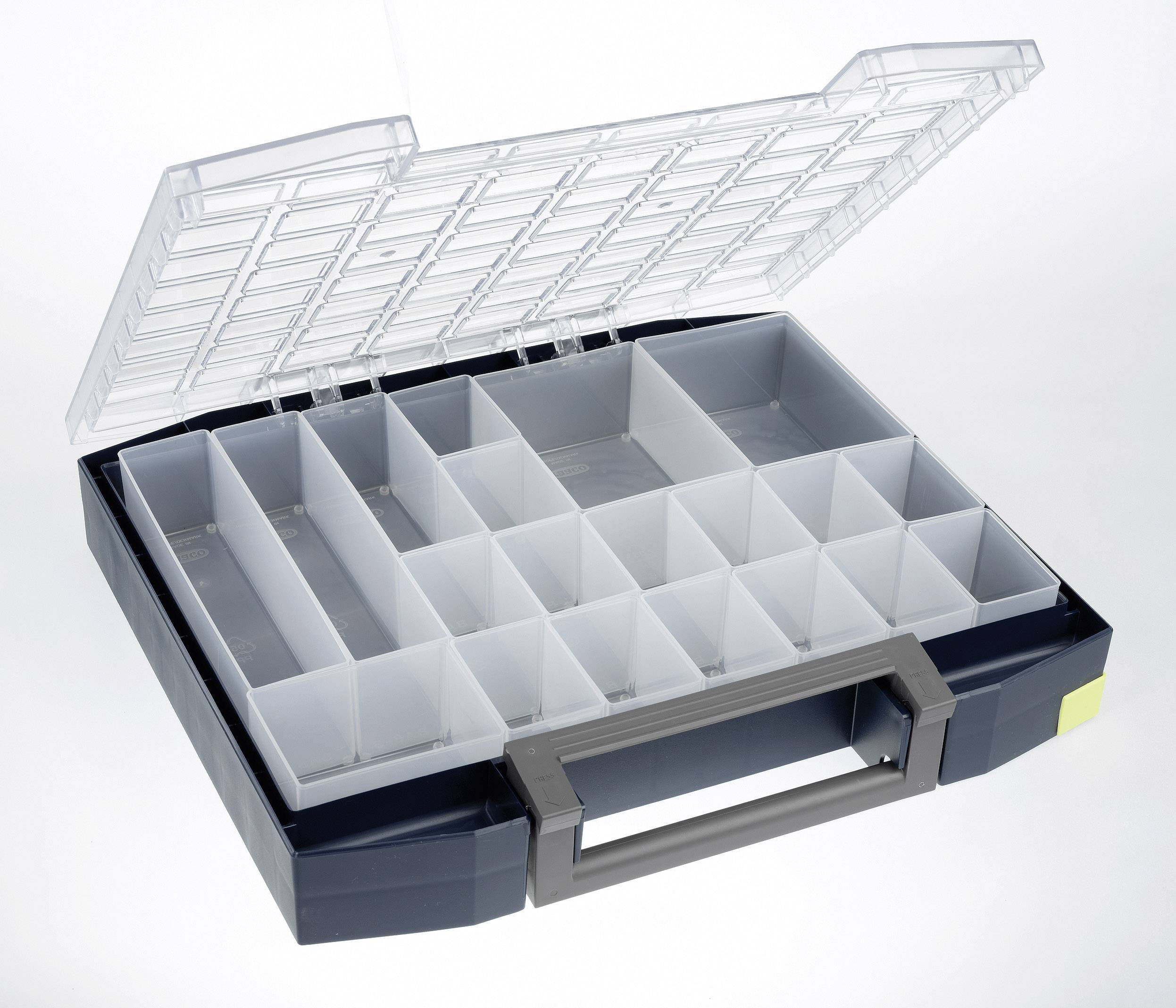 Leere, geöffnete Plastik-Aufbewahrungsbox mit verstellbaren Fächern, geeignet zur Organisation von Kleinteilen.