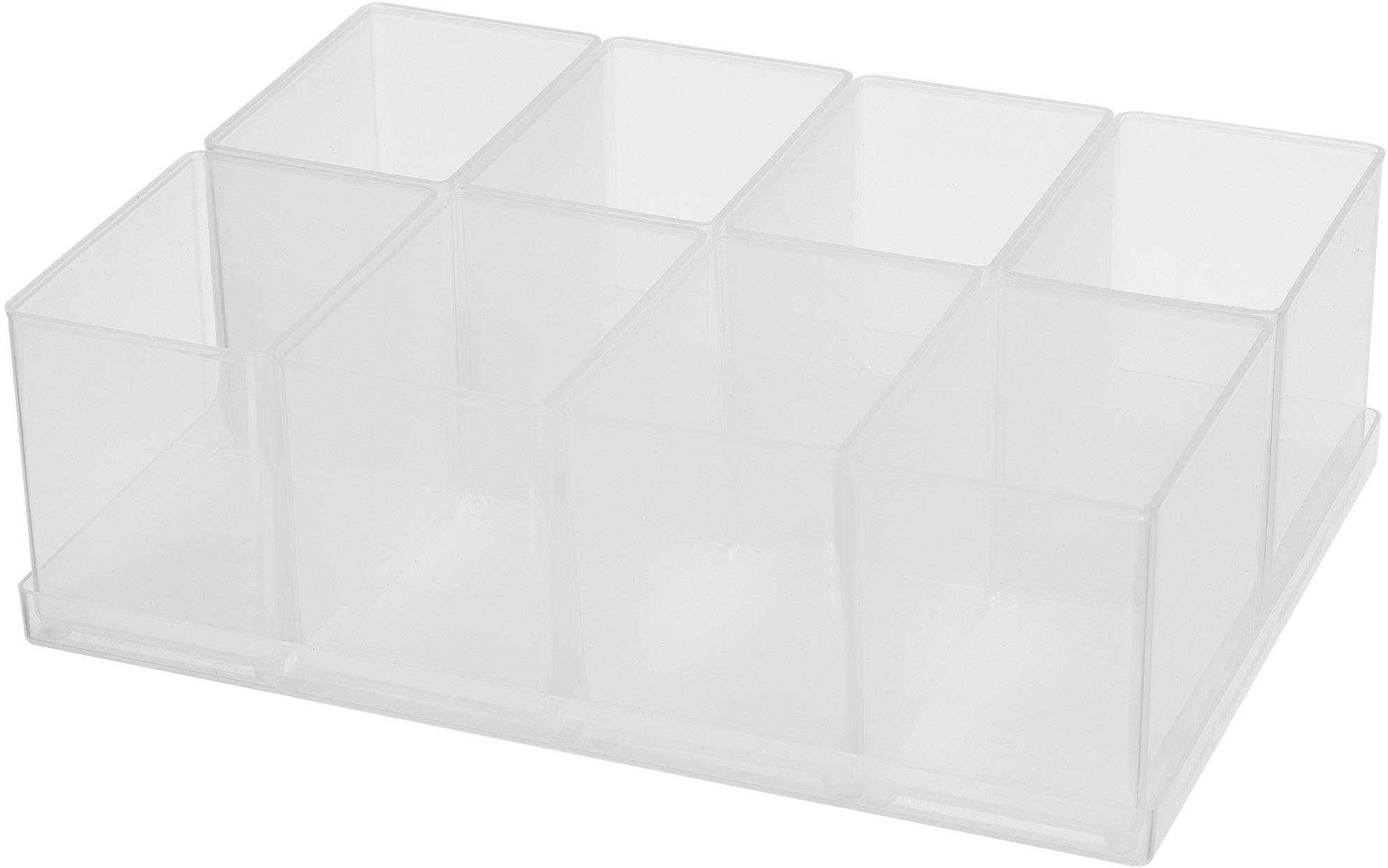 Transparente Plastikbox mit acht quadratischen Fächern, geeignet zur Aufbewahrung kleiner Gegenstände.