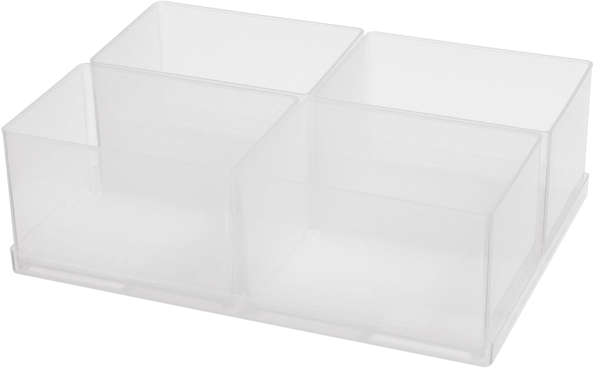 Transparente Aufbewahrungsbox mit vier gleich großen Fächern auf einem Tablett, für organisierte Lagerung kleiner Gegenstände.