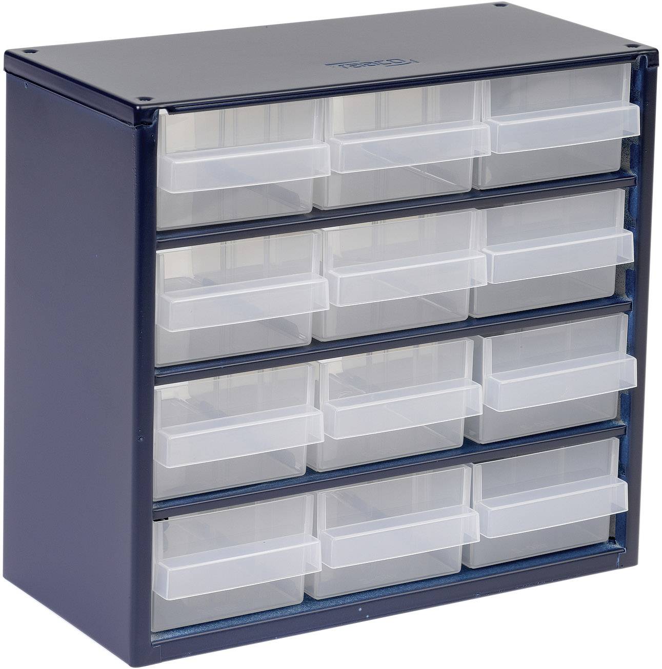 Schwarzer Kunststoffschrank mit drei Reihen, jede mit fünf transparenten Schubladen. Zum Aufbewahren von kleinen Gegenständen geeignet.
