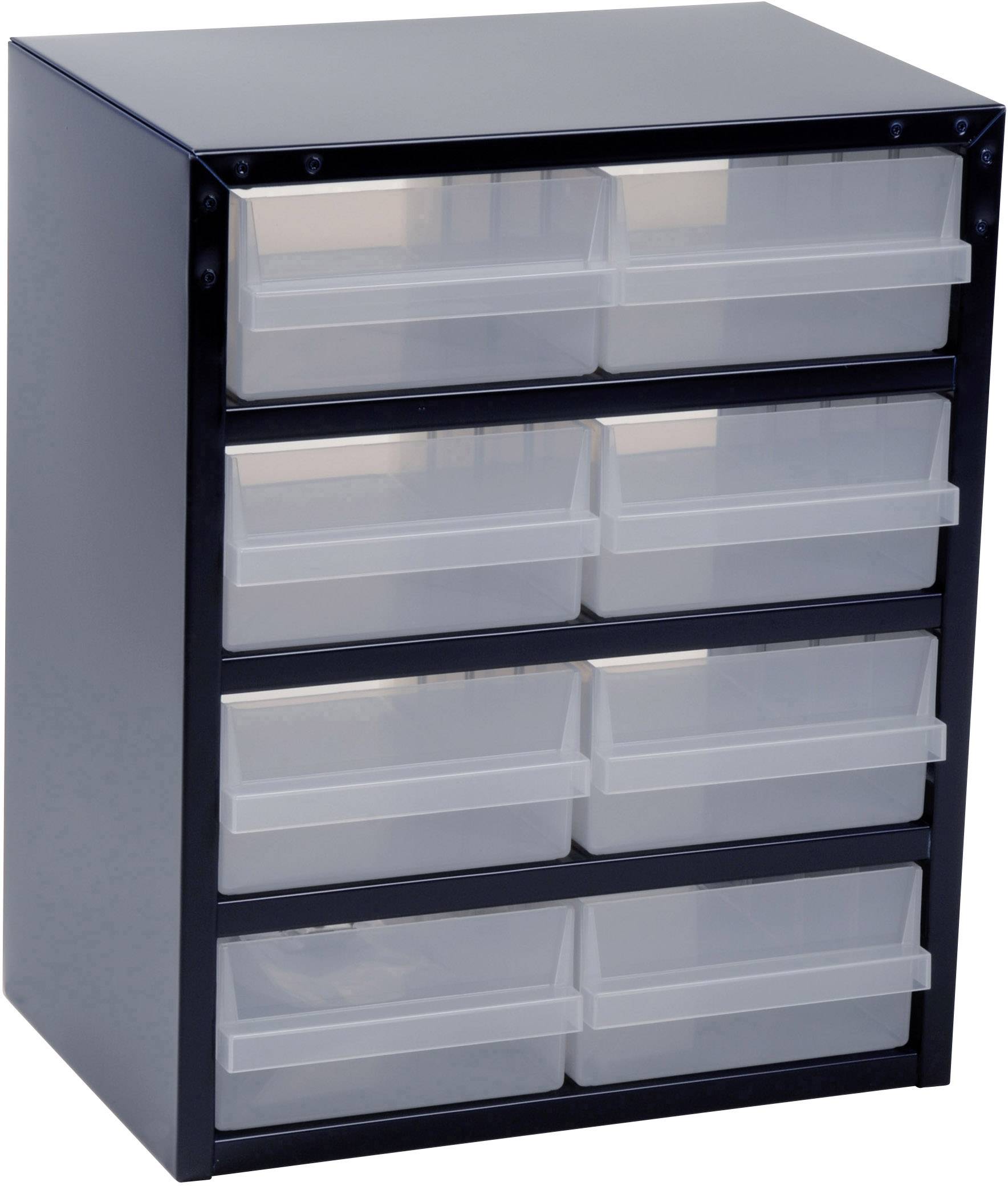 Ein schwarzer Schubladenschrank mit acht transparenten Schubladen in zwei Spalten.