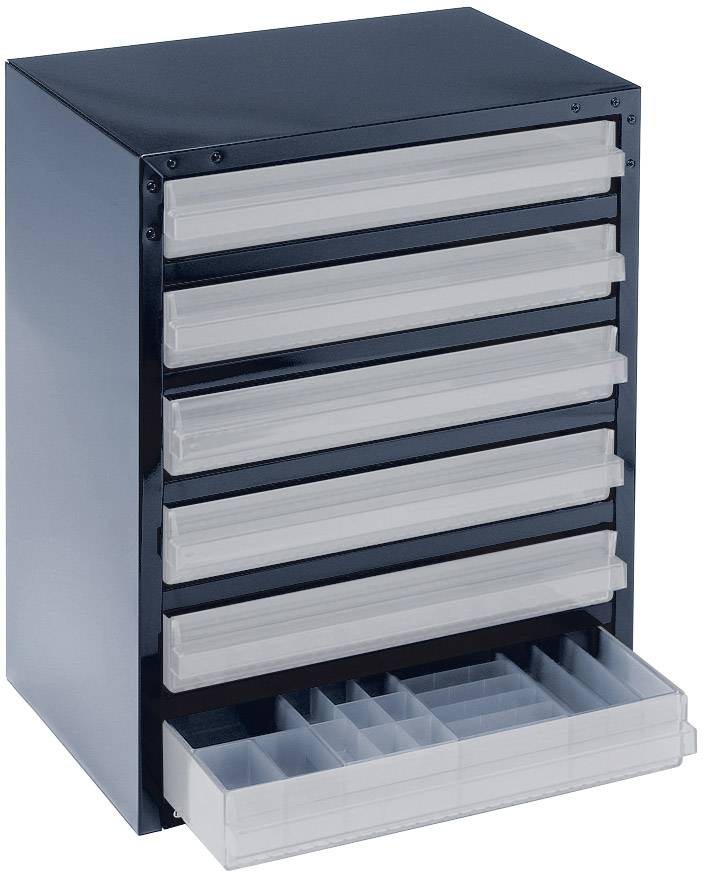 Ein blauer Schubladenschrank mit sieben transparenten Schubladen, die verschiedene Fächer für Kleinteile bieten. Eine Schublade ist geöffnet.
