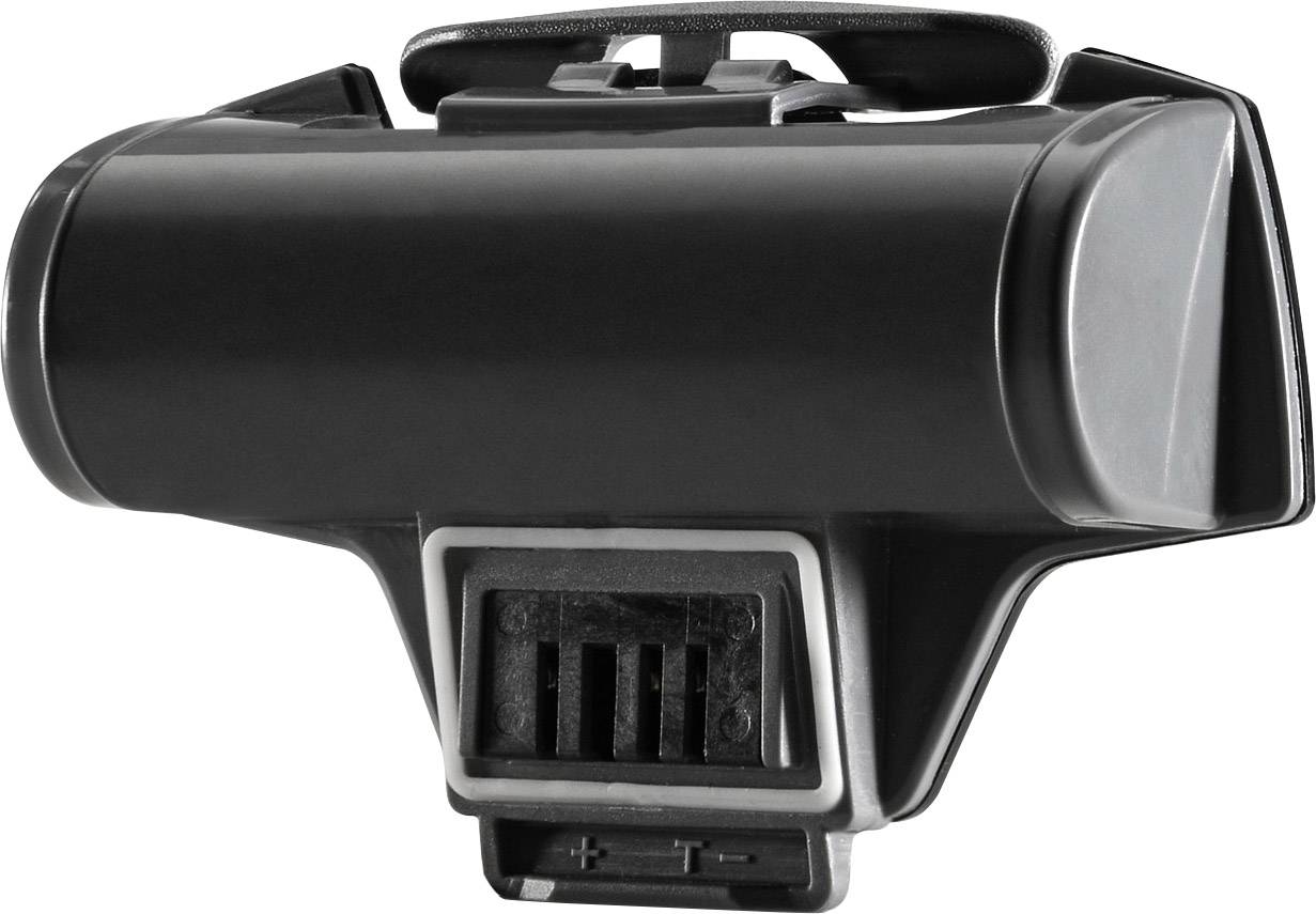 Schwarzes, zylinderförmiges Fahrradzubehör mit Halterung und Einstelltasten unten.