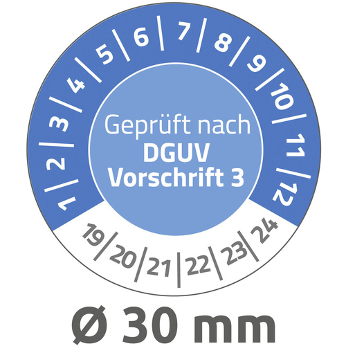 Prüfplaketten -Geprüft- (2019-2024) 30mm extra resistent blau VE=80 Stück