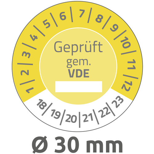 80 St. Avery-Zweckform Prüfplakette Geprüft gemäß VDE 2018-2023 Gelb Folie selbstklebend, abziehsicher (Ø) 30 mm 30 mm