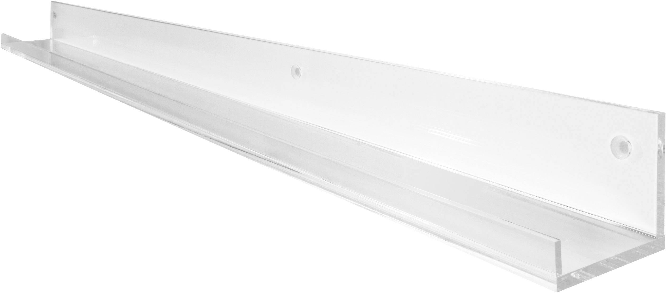 Eine transparente Acrylablage zur Wandmontage, ideal zum Präsentieren von Fotos, Büchern oder kleinen Dekorationsgegenständen.