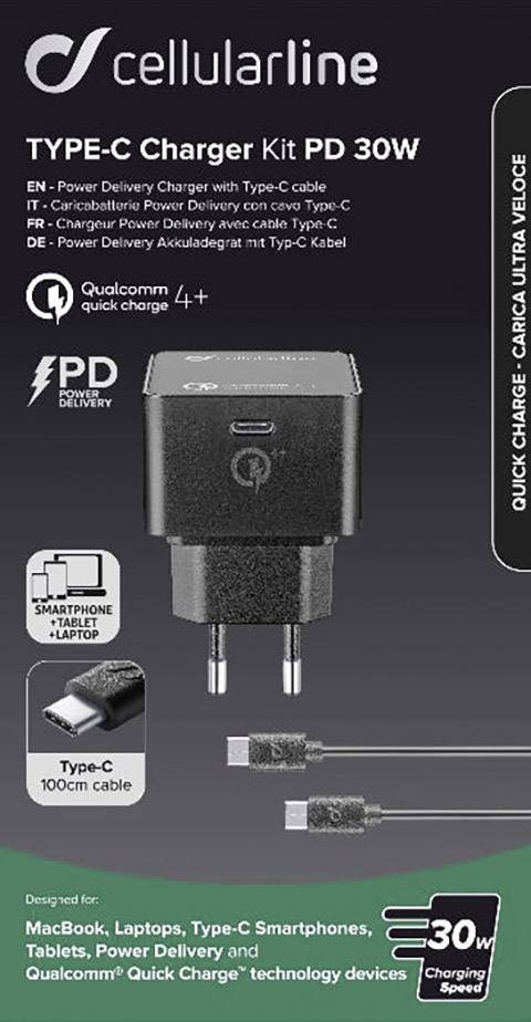 Cellularline Power-Kit PD 30W ACHKITQC4TYCK USB-Ladegerät Steckdose Ausgangsstrom (max.) 3000 mA 1 x USB-C® Buchse USB Power Delivery (USB-PD)