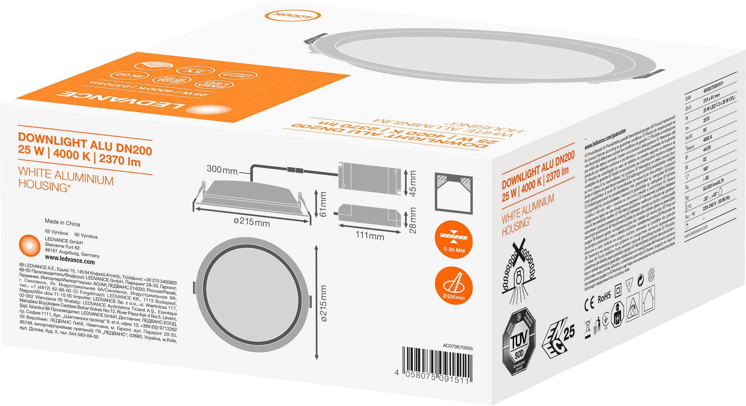 LEDVANCE DOWNLIGHT ALU LED-Bad-Einbauleuchte 25 W IP44 Weiß