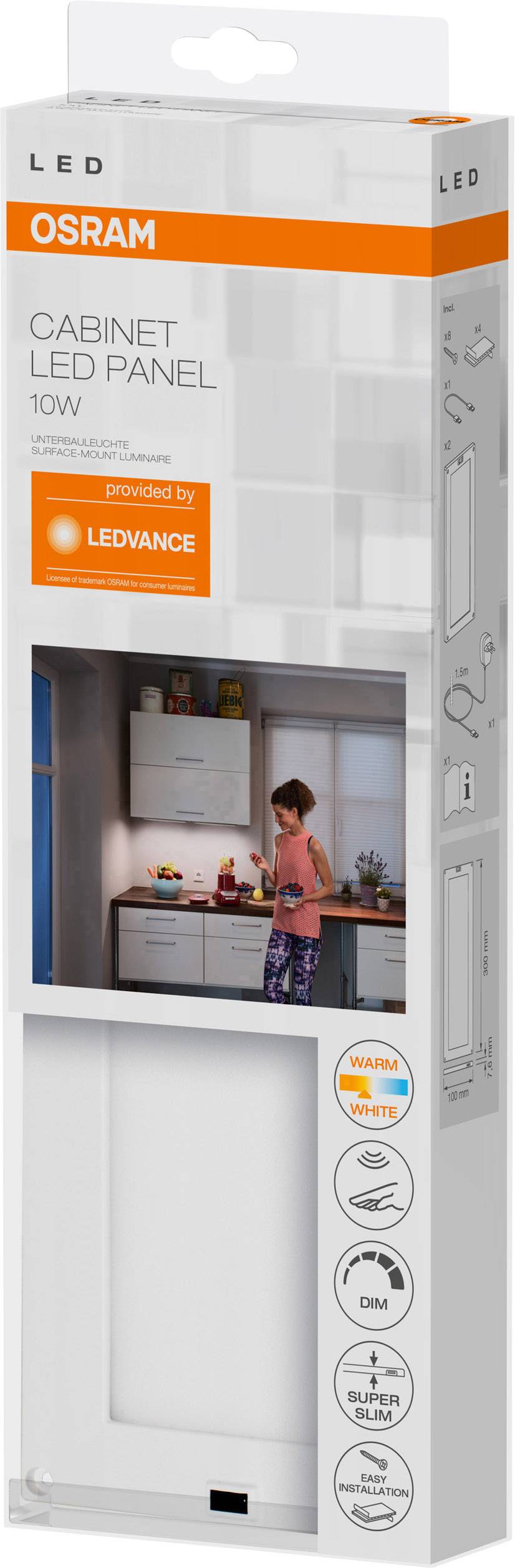 OSRAM Cabinet LED Panel 10W. Bild einer Küche mit einem Kind, das auf einer Arbeitsplatte malt. Produktdetails auf der Verpackung.