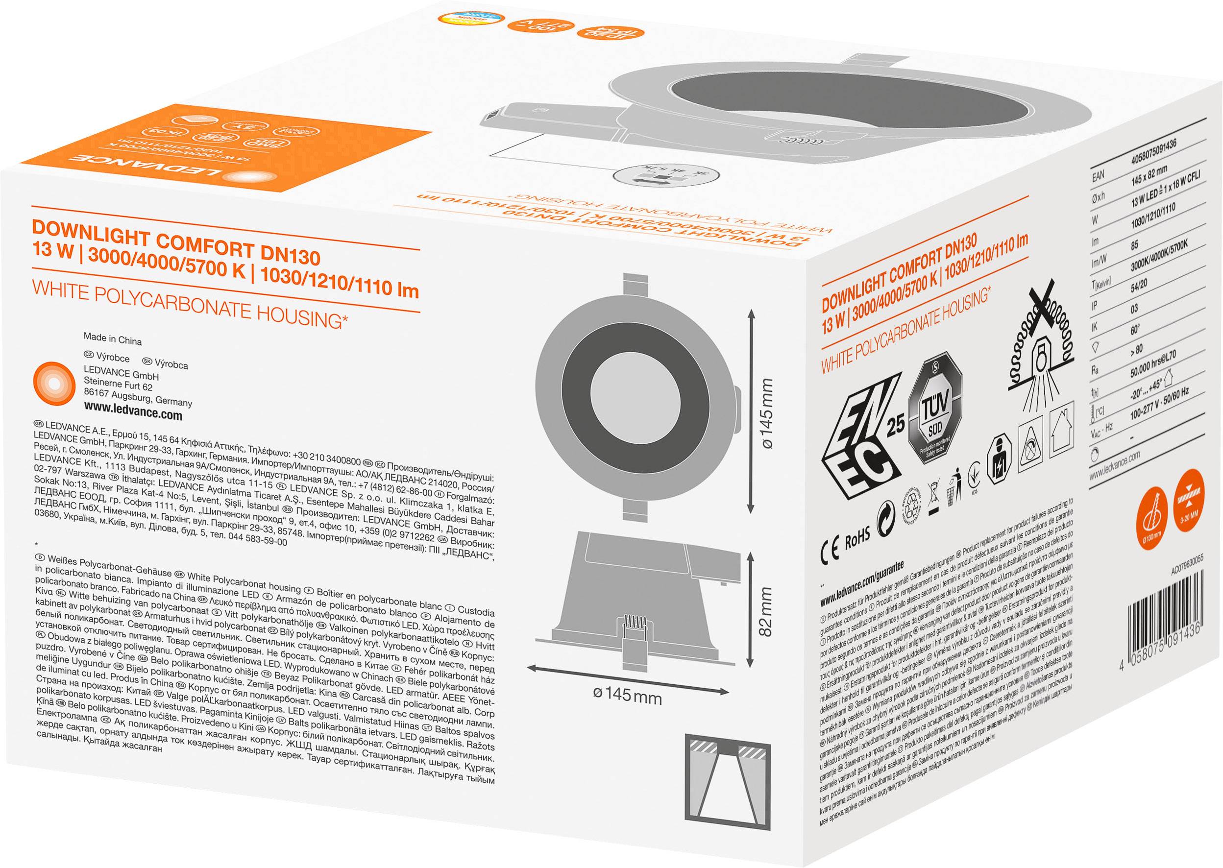 LEDVANCE DOWNLIGHT ALU LED-Bad-Einbauleuchte 14 W IP44 Weiß