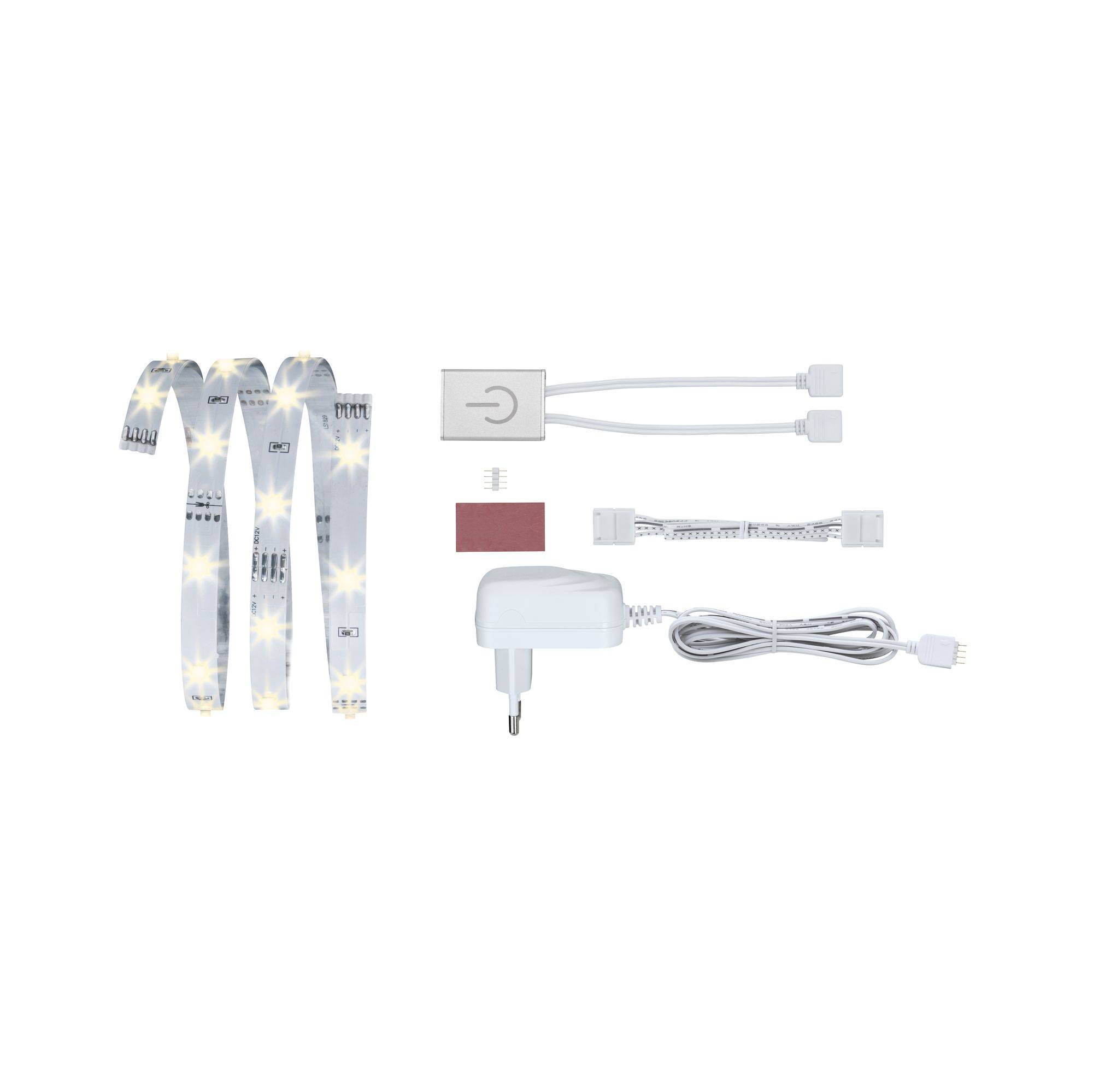 LED-Streifen mit Steuereinheit, Stromadapter und zusätzlichen Kabeln zur Verbindung und Befestigung. Geeignet für Innenbeleuchtung.