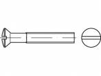 Technische Zeichnung einer Senkkopfschraube mit Schlitz, seitliche und obere Ansicht. Geeignet zur flachen Befestigung.