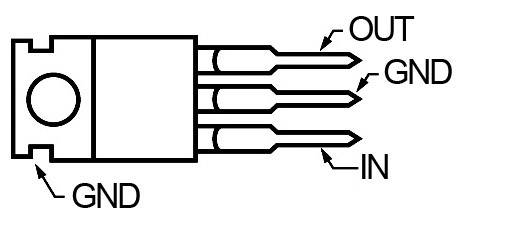 Ein Diagramm eines dreipoligen Bauteils mit Beschriftung: 'OUT', 'GND', 'IN', und 'GND'.