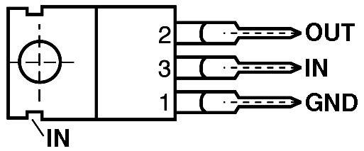 Elektrisches Schaltbild eines 3-poligen Spannungsreglers mit den Bezeichnungen: Pin 1 'GND', Pin 2 'IN', Pin 3 'OUT'.