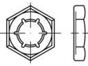 Technische Zeichnung eines sechseckigen Bauteils mit Flansch und zentraler Öffnung, mit Front- und Seitenansicht. Linien zeigen Symmetrieachsen.