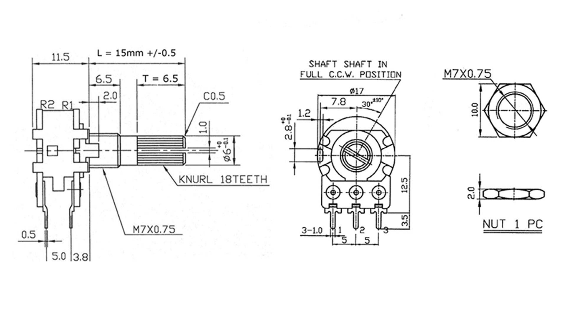 Technische Zeichnung eines Potentiometers mit Spezifikationen für Maße und Gewinde; enthält Details zu Abmessungen und Produkthonigketen.
