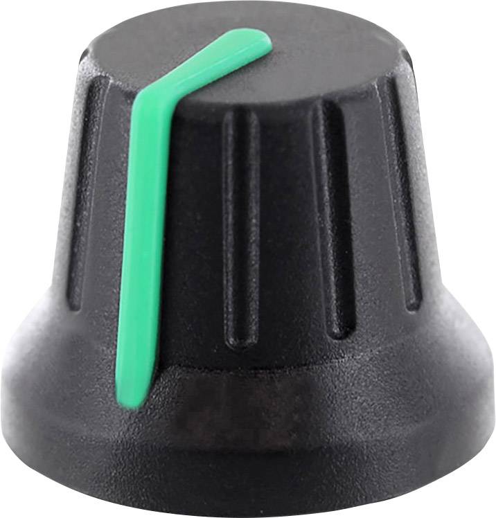 Ein schwarzer Drehknopf mit grünem Markierungsstreifen zur Einstellung von Geräten oder Instrumenten.