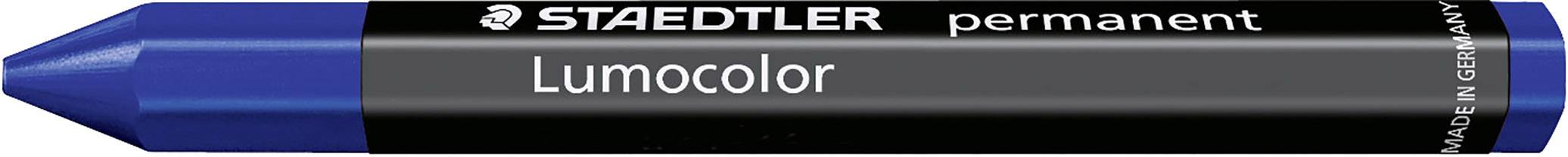 Blauer permanenter Lumocolor Stift von Staedtler mit weißem Text 'Lumocolor' auf der Seite.