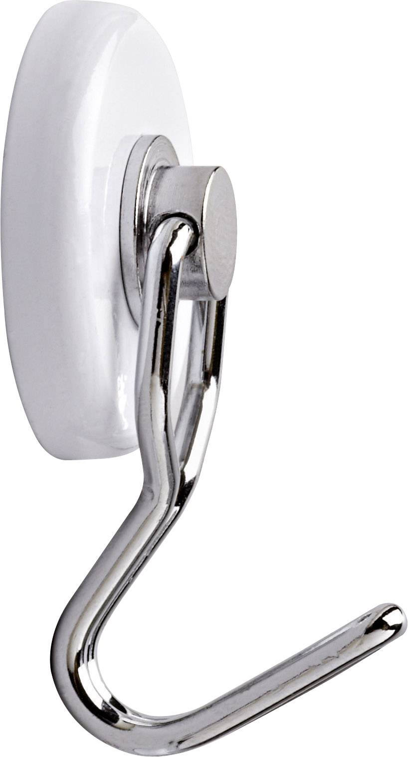 Wandhaken aus Metall mit glänzendem Finish an einer weißen, runden Basis.