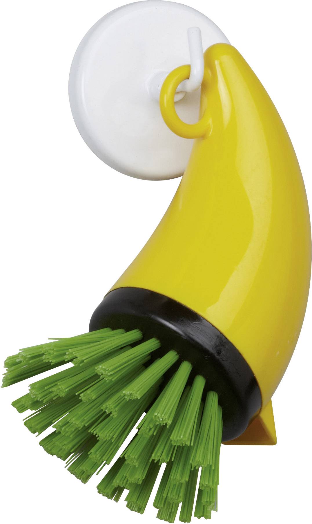 Gelbe Bananen-förmige Bürste mit grünen Borsten und weißem Saugnapf zum Aufhängen.