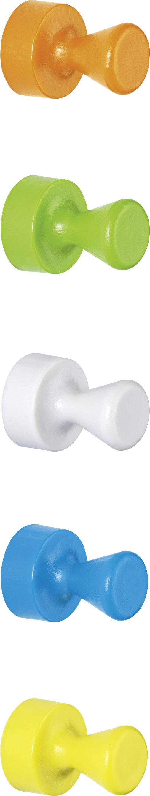 Fünf bunte Magnete in Orange, Grün, Weiß, Blau und Gelb sind in einer vertikalen Reihe angeordnet.