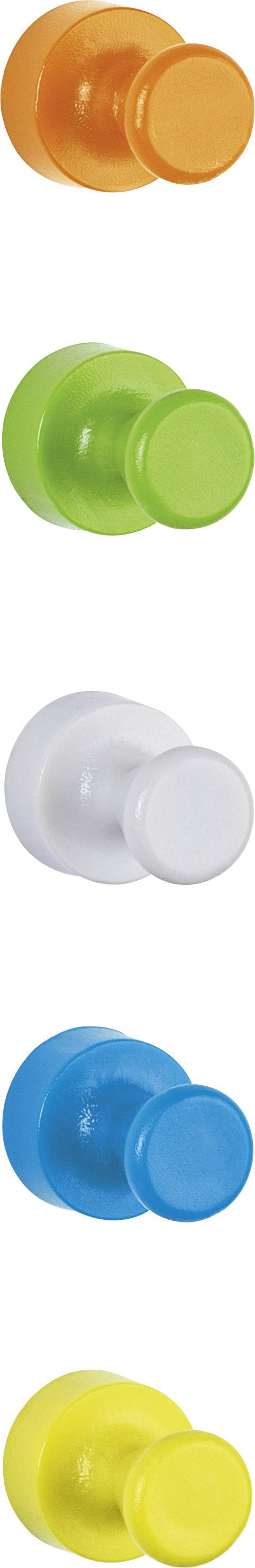 Fünf bunte runde Magnete in den Farben Orange, Grün, Weiß, Blau und Gelb, angeordnet in einer vertikalen Linie.