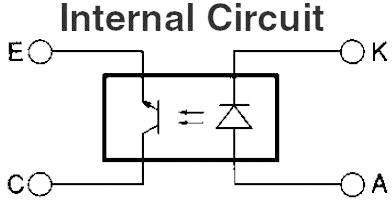 Schematische Darstellung einer internen Schaltung mit Transistor und Diode. Anschlüsse E, C, K, A markiert.