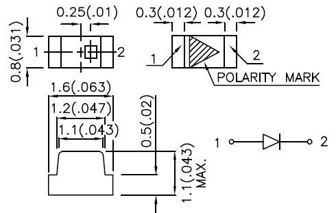 Ein technisches Diagramm zeigt die Abmessungen und Symbole einer elektronischen Komponente, einschließlich Polaritätsmarkierung. Schaltkreissymbol rechts verbindet Punkt 1 und 2.