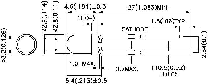 LED-Diagramm mit Abmessungen in Millimetern: Durchmesser 3,2, Länge 5,4. Wichtige Maße: Elektrodenabstand 2,54, Markierung 'Cathode'.